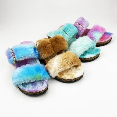 China Wholesale Fashion Trend Women Plush Slides Sandals Fashion Link Dye Faux Fox Fur Slippers For Ladies Colorful Fluffy Furry Slipper Fuzzy Shoes for sale