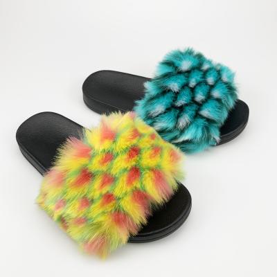 China Wholesale Designer Furry Anti-Slip Plush Sandals Slides For Women And Ladies Fuzzy Bedroom House Slippers Women Fluffy Faux Fur Slippers for sale