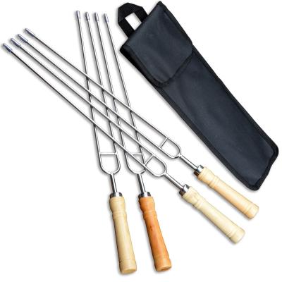 China Hot Selling Easily Cleaned Barbecue Accessories Set 6pcs U Shape Metal Grill Fork Handle Wooden Barbecue Spikes For Outdoor for sale