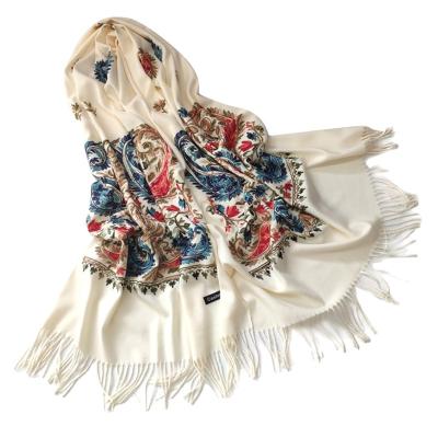 China New 2022 Trend Ethnic Style Embroidered Tassel Embroidered Cashmere Shawl Comfortable Scarf Ladies for sale