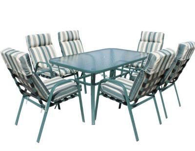 China Cheap Modern China Factory 7pcs Padded Cushion Vinyl Steel Glass Slat Outdoor Garden Dining Sets for sale