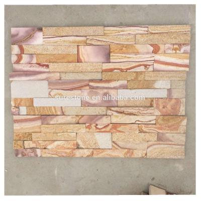 China Modern Yellow Natural Rainbow Face Stone Wall Sandstone Cladding Split Tiles Culture Stone Veneer for sale