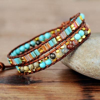 China Small BOHEMIA Round Beads Bracelet 2 Layers Wrap Leather Bracelet Rope Bracelet for sale