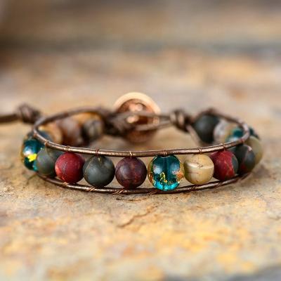 China Colorful Jasper Bracelet Leather Woven Bracelet Vintage Bead Bracelet for sale