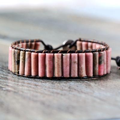 China TRENDY Leather Handwoven Wrap Bracelet Rhodonite Bead Bracelet Simple Wrap Button Rose Healing Bracelet for sale