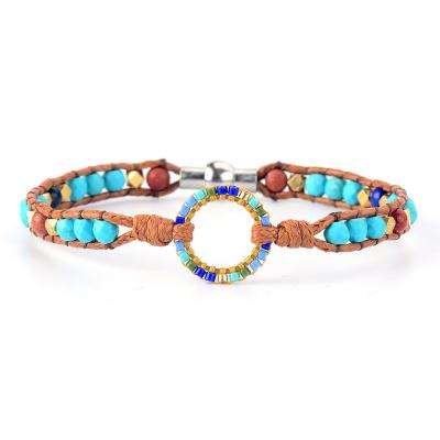 China Fashion Jewelry Simple Luxury Braided Bracelet Turquoise Natural Stone Beads Bracelet Wrap Leather Bracelet For Women Men for sale