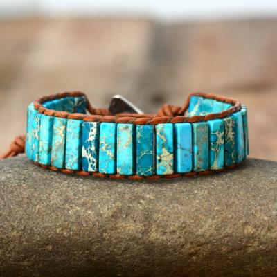 China FASHIONABLE Natural Green and Blue Simple Engraved Bracelet Jade Stone Bracelet Leather Bracelet for Women and Men for sale