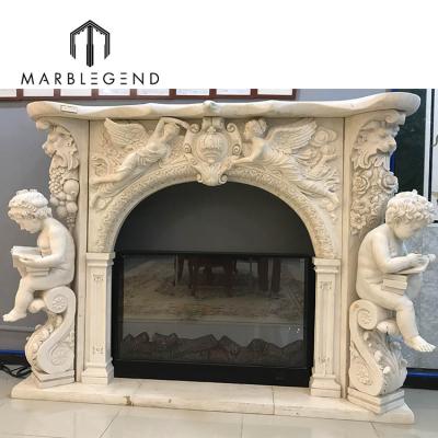 China Impressive Traditional Italian Marble Fireplace Mantel Angel Fireplace Carved Marble Angel Fireplace Mantels for sale