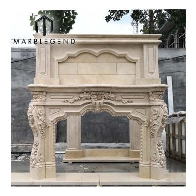 China Traditional Luxury Villa Hand-carved Egyptian Beige Marble Fireplace Marble Fireplace for sale