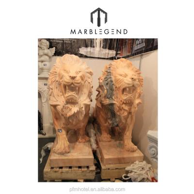 China Outdoor life size traditional orange natural marble stone lion sculpture for sale for sale