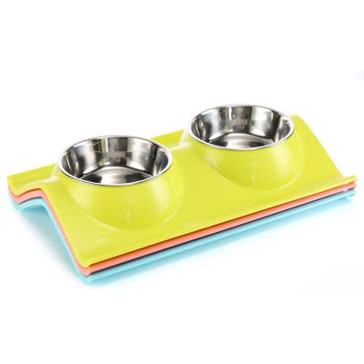 China Slanted Bone Fashion Stainless Steel Design Double Pet Bowls With Food Water Feeder For Cat Dog for sale