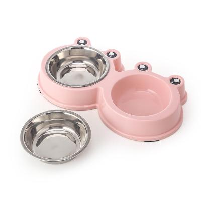 China Non-automatic cute eyes frog shaped 2 in 1pet bowls for cats and dogs double stainless steel bowl dog food basin for sale