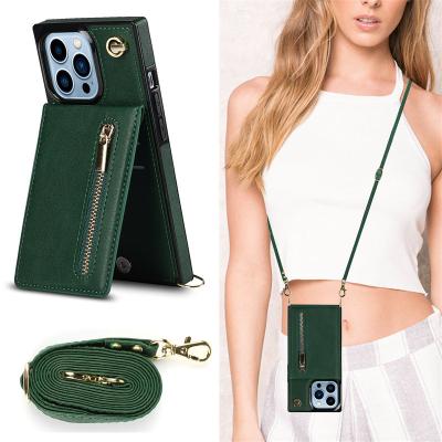 China Fashion Shockproof Women's Zipper Wallet Card Holder Cross Phone Case For iPhone 13 12 Pro Max Shoulder Strap Cover for sale