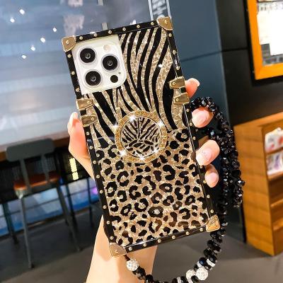 China Luxury Fashion Square Leopard Feather Shockproof Phone Case For iPhone 13 Pro Max Gold Stand Silicone Chain Cover for sale