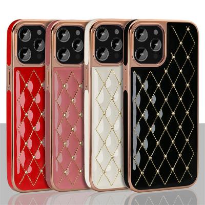 China High Quality Shockproof Plated Rhombic PU Phone Case Leather Cover For iPhone 13 Pro Max for sale