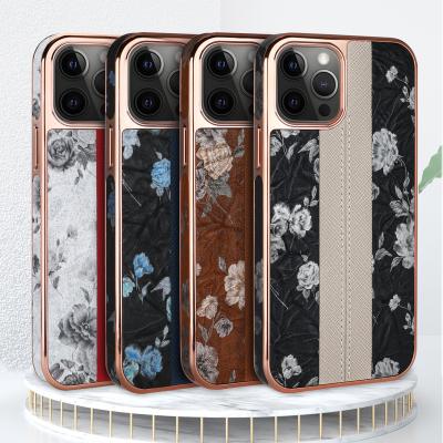 China Flower PU Phone Case Shockproof Luxury High Quality Plated Splice Leather Cover For iPhone 13 Pro Max for sale