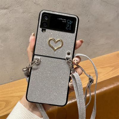 China Metal Love Leather Cross Strap Shockproof Simple Phone Case For Samsung Z Flip 3 Fold 5G Phone Cover for sale