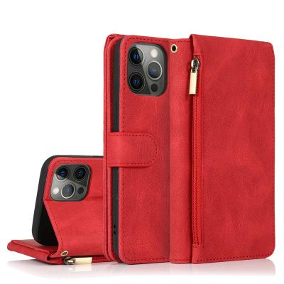 China Luxury Skin Feel Zipper Wallet Stand Wrist Strap Phone Case Leather Shockproof Case For iPhone for sale