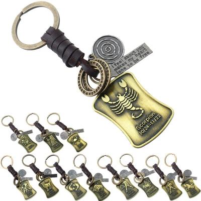 China Vintage Punk Small Zodiac Signs Gift Handwoven Key Chains 12 Single Car Key Pendant Outdoor Sport Leather for sale