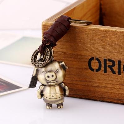 China Rope Car Punk Woven Leather Male And Female Lovers Combine Creative Cartoon Pig Animal Leather Metal Key Chains for sale