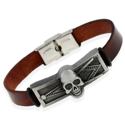 China Religious Custom Handmade Mens Womens Simple Vintage Logo Metal Skull Jewelry Buckle Leather Bracelet for sale