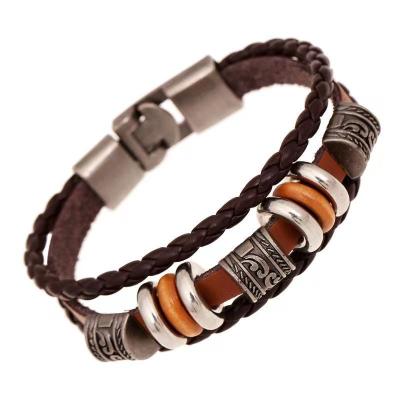 China Punk Fashionable Multilayer Handmade Women's DIY Metal Buckle Casual Woven Leather Bracelet For Men for sale