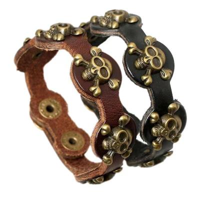 China Women Punk Adjustable Handmade Men's Alloy Skull Jewelry Simple Punk Leather Bracelet for sale