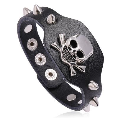 China Vintage Punk Jewelry Skull Design Handmade Adjustable Mens Womens Leather Bracelet for sale