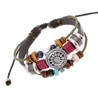 China Punk Girls Multilayer Wooden Beaded Adjustable Men's Leather Charm Metal Hand Bracelets & Bangles for sale