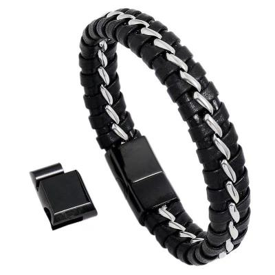 China Personal Handmade Simple White Mens Woven Leather Bracelet Jewelry Stainless Steel Rope Women Punks for sale