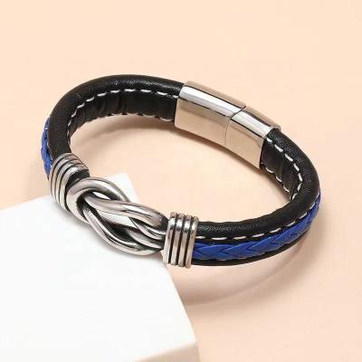 China Punk Knotted Metal Simple Blue African Stainless Steel Mens BFF Leather Magnetic Bracelets for sale