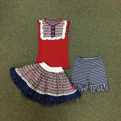 China 2015 fashions breathable clothing tank top smocked skirt and ruffle girls 3 piece short set wholesale clothing for sale