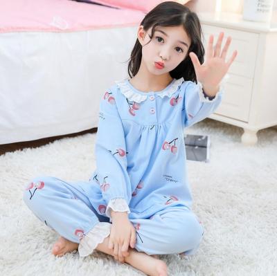 China Breathable Blue Girls Print Long Pajamas Set Lace Up Design Ruffled Children's Pajamas Sleepwear Home Set for sale