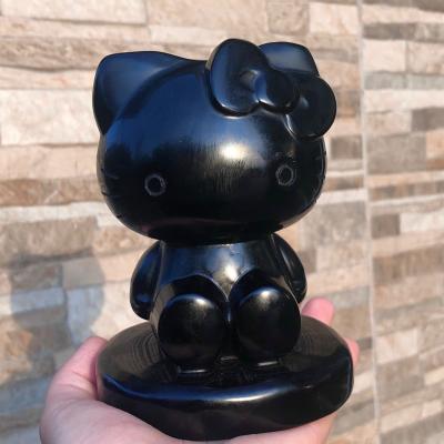 China Natural Obsidian Hello Kitty Handle Primitive Stone Carving Pieces Decoration, Household Furnishing for sale