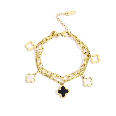 China 2022 FASHIONABLE Hot Selling 18K Gold Plated Four Leaf Clover Gemstone Double Layer Gold Shamrock Bracelet For Women for sale