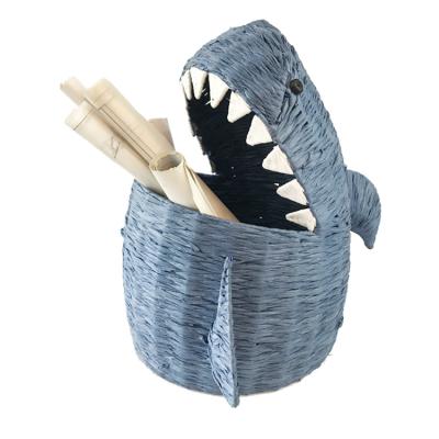 China Metal Viable Wire With Woven Household Storage Bin Toys Paper Fabrics Tidying Up Storage Basket Shark Animal Shape for sale