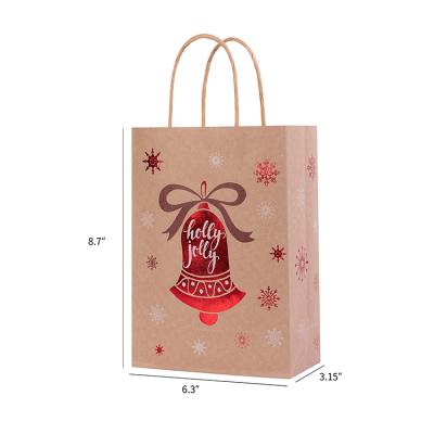 China Recyclable Merry Christmas Custom Print Logo Reusable Brown Kraft Paper Shopping Bag For Gift With Handles for sale