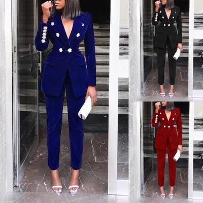 China Quality Wholesale Casual Elegant Two Piece Women's Breathable Suits Pant Office Sets Ladies Office Velvet Blazer Long Breeches Pant Suits Women for sale