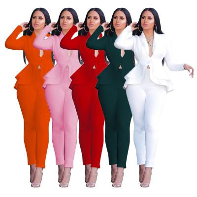 China Hot Sale Spring Autumn Elegant Quality Breathable RuffleTwo Pieces Sets Long Pencil Pant Office Suits Set For Women Office Ladies for sale