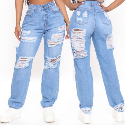 China Viable Newcomers Fashion Straight Light Blue Denim Pants Ripped High Waist Distressed Wide Leg Plus Size Women Jeans for sale