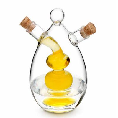 China 2 Handmade Stored In 1 Glass Oil Vinegar Jar Vinegar Dispenser Set With Cork Lid For Cooking for sale