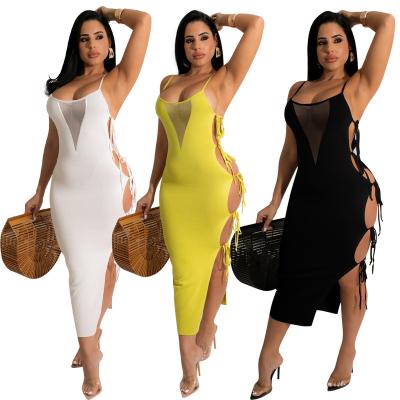 China 2022 New Arrivals Breathable Fashion Women Sexy V-Neck Sleeveless Sheer Dress Mesh Patchwork Side Drawstring Slip for sale