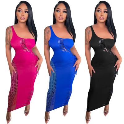 China Breathable 2022 New Arrivals Fashion Women Sexy Off The Shoulder Sleeveless Drawstring Ripped Hollow Out Mesh Patchwork Dress for sale