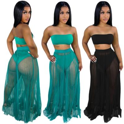 China Breathable 2022 New Arrivals Fashion Women Sexy Chest Mesh Skirt With Panties Solid Wrap Transparent 2 Piece Set Dress for sale