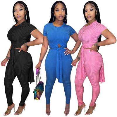 China Breathable 2022 New Arrivals Fashion Women Casual Short Sleeve Side Ripped Irregular T-Shirt Slim Pants 2 Piece Set Solid Ribbed Suit for sale