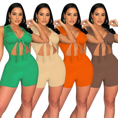 China Breathable 2022 New Arrivals Fashion Women Casual Turn-Down Collar Sleeveless Waist Hollow Out Solid Ribbed Shorts Pants Romper Jumpsuit for sale