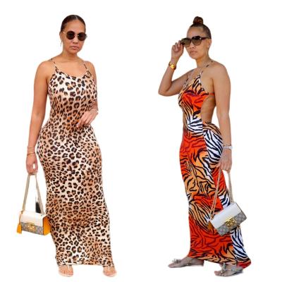 China 2022 New Arrivals Breathable Fashion Women Casual Drawstring Neck Slim Print Sleeveless Backless Maxi Dress Leopard for sale