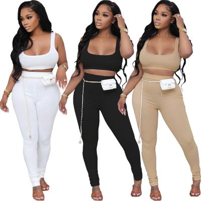 China Breathable 2022 New Arrivals Fashion Women Women O-Neck Casual Sleeveless Crop Vest Stacked Pants 2 Piece Set Ribbed Suit for sale