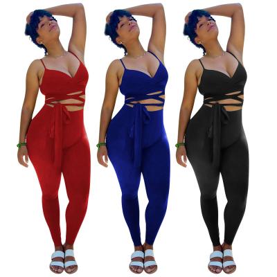 China Breathable 2022 New Arrivals Fashion Women Casual V-Neck Sleeveless Drawstring Waist Crop Vest Leggings Joggers 2 Piece Set for sale