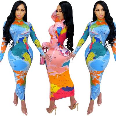 China 2022 New Arrivals Breathable Fashion Women Casual Stand Neck Long Sleeve Floral Printing Slim Card Maxi Dress for sale